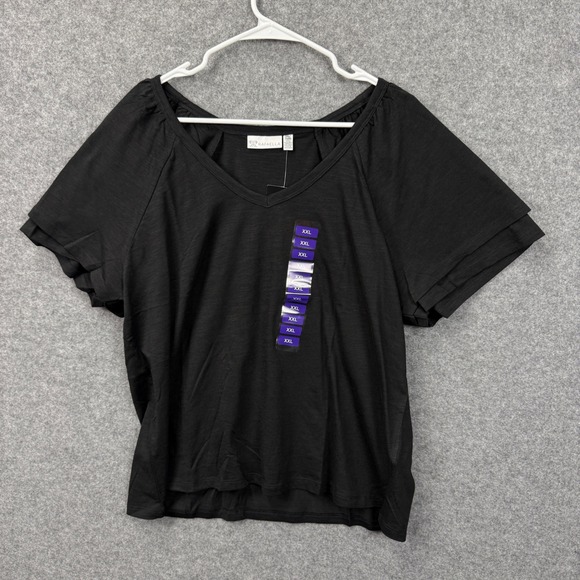 Rafaella Womens Black V-Neck Tiered Ruffle Sleeve Slub Knit Top XXL New - Picture 6 of 9